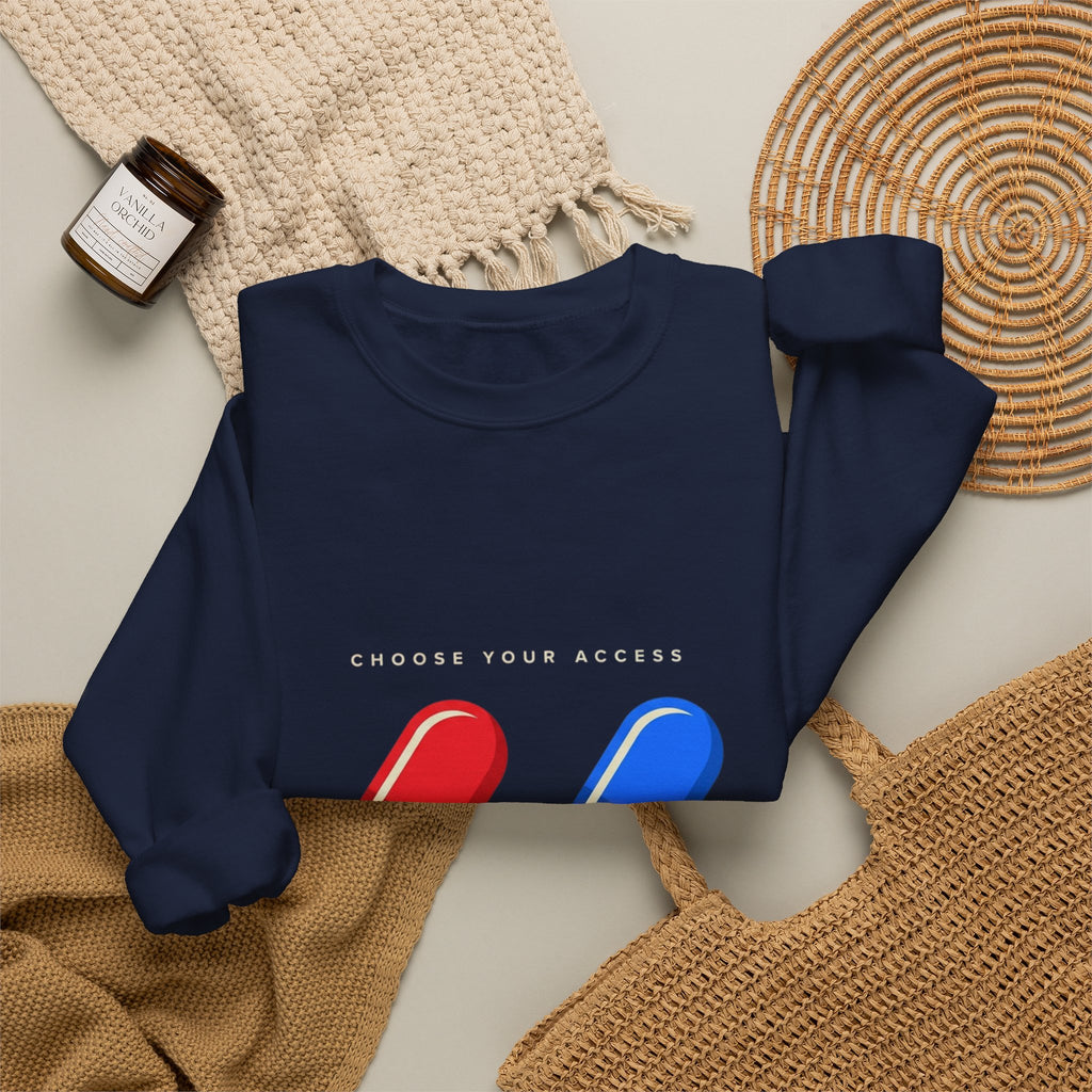 Capsule Choice Crewneck Sweatshirt — Red & Blue Pill Minimalist Graphic