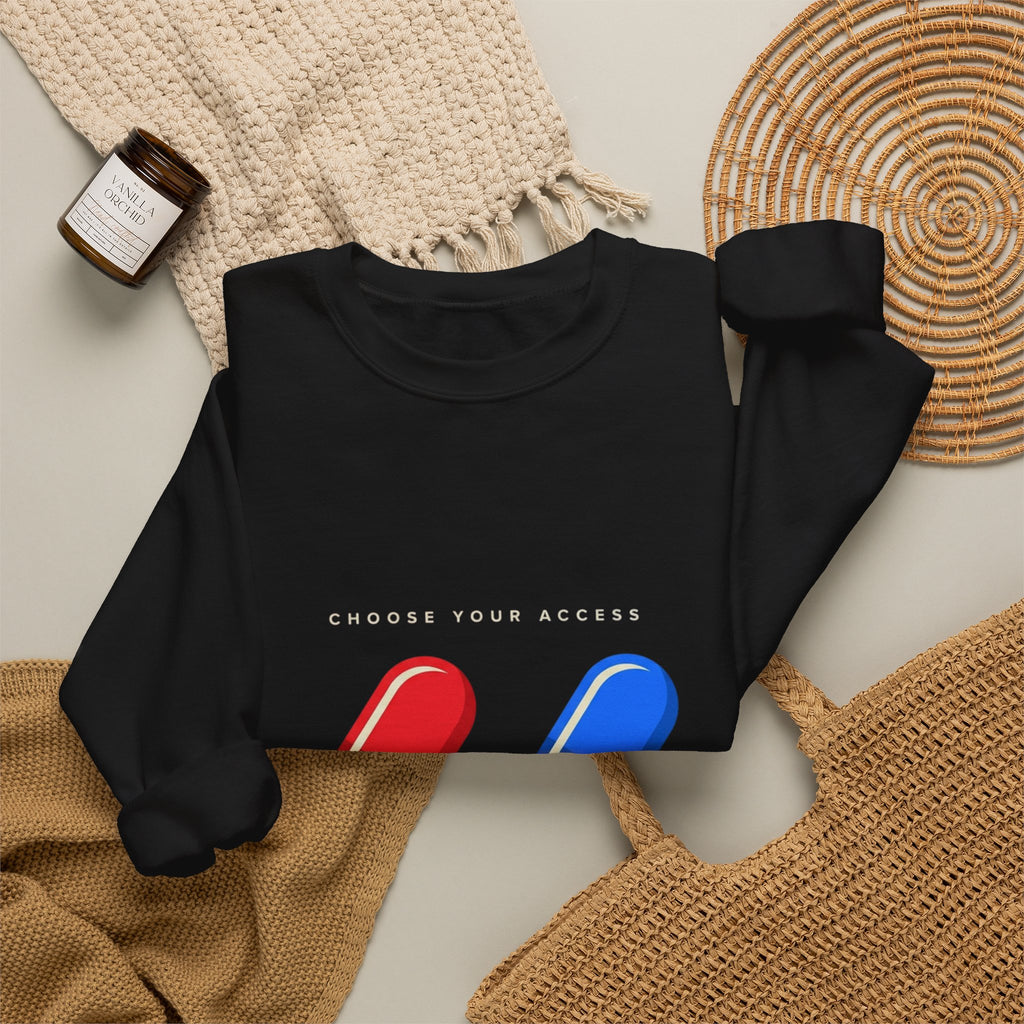Capsule Choice Crewneck Sweatshirt — Red & Blue Pill Minimalist Graphic