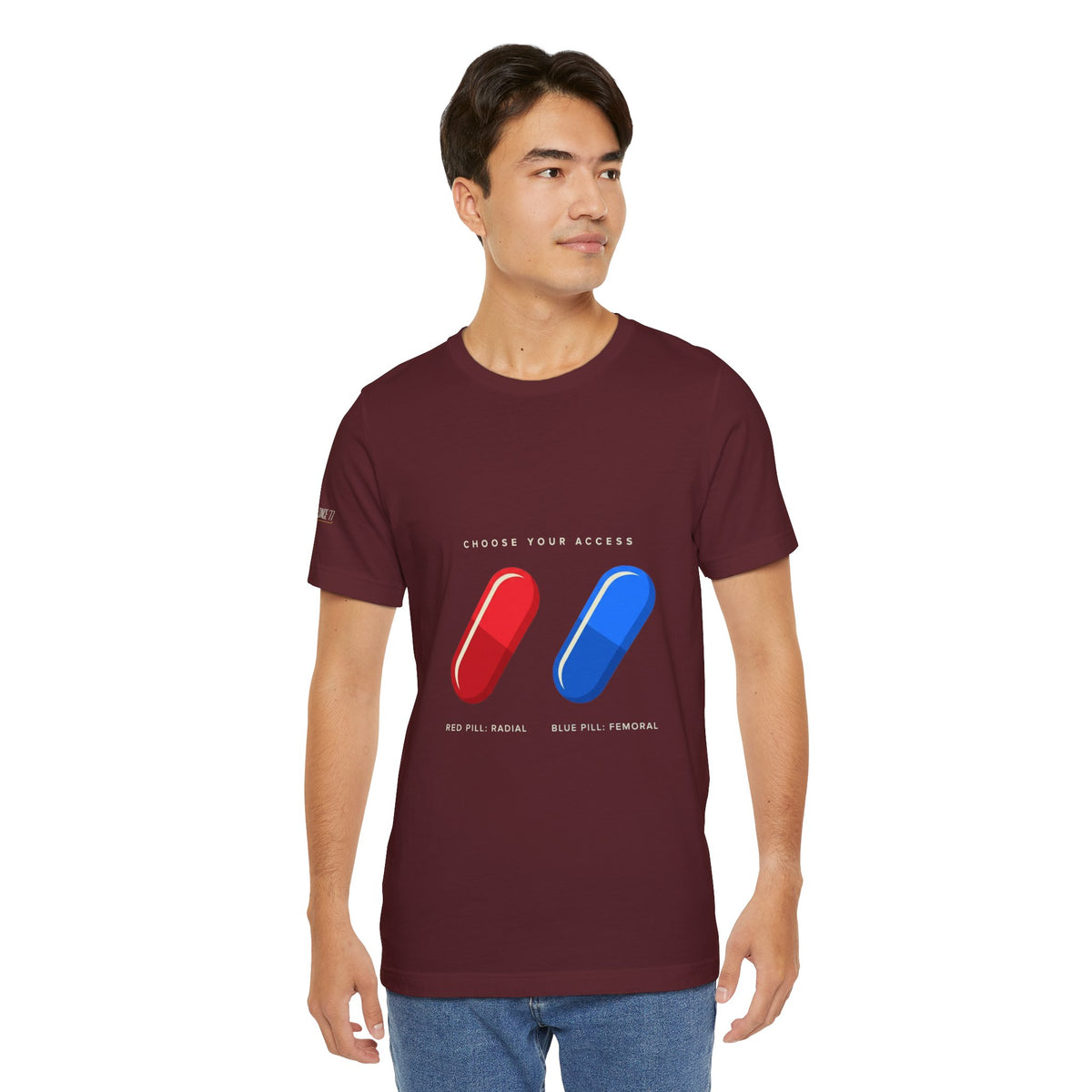 Pill Pair Graphic Tee — Red & Blue Capsule Minimalist T‑Shirt