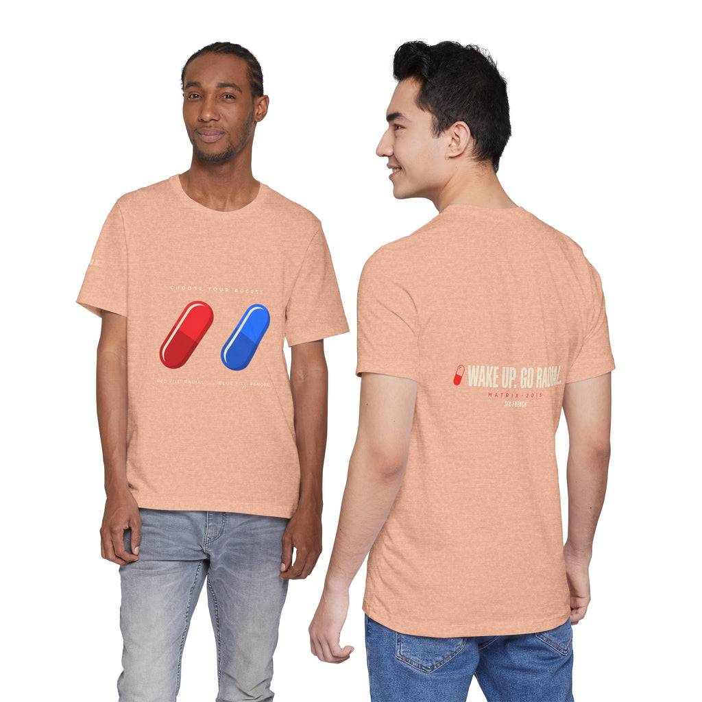 Pill Pair Graphic Tee — Red & Blue Capsule Minimalist T‑Shirt
