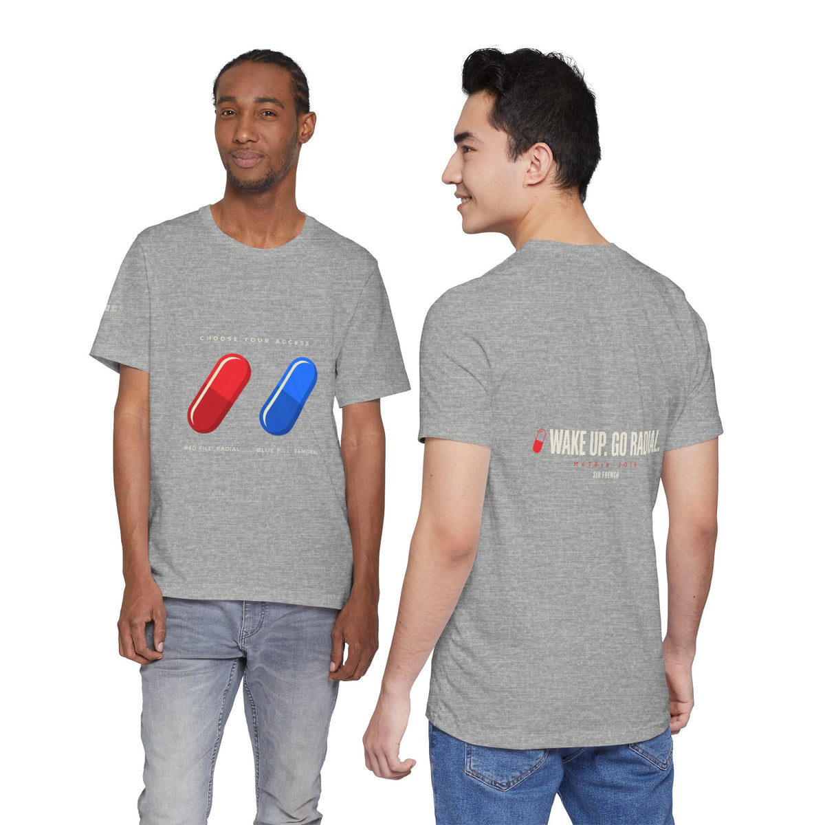 Pill Pair Graphic Tee — Red & Blue Capsule Minimalist T‑Shirt