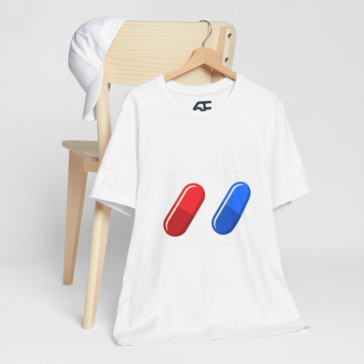 Pill Pair Graphic Tee — Red & Blue Capsule Minimalist T‑Shirt
