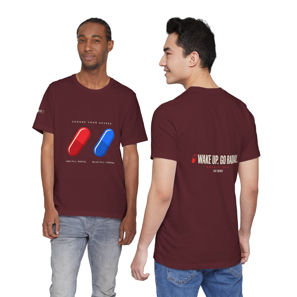 Pill Pair Graphic Tee — Red & Blue Capsule Minimalist T‑Shirt