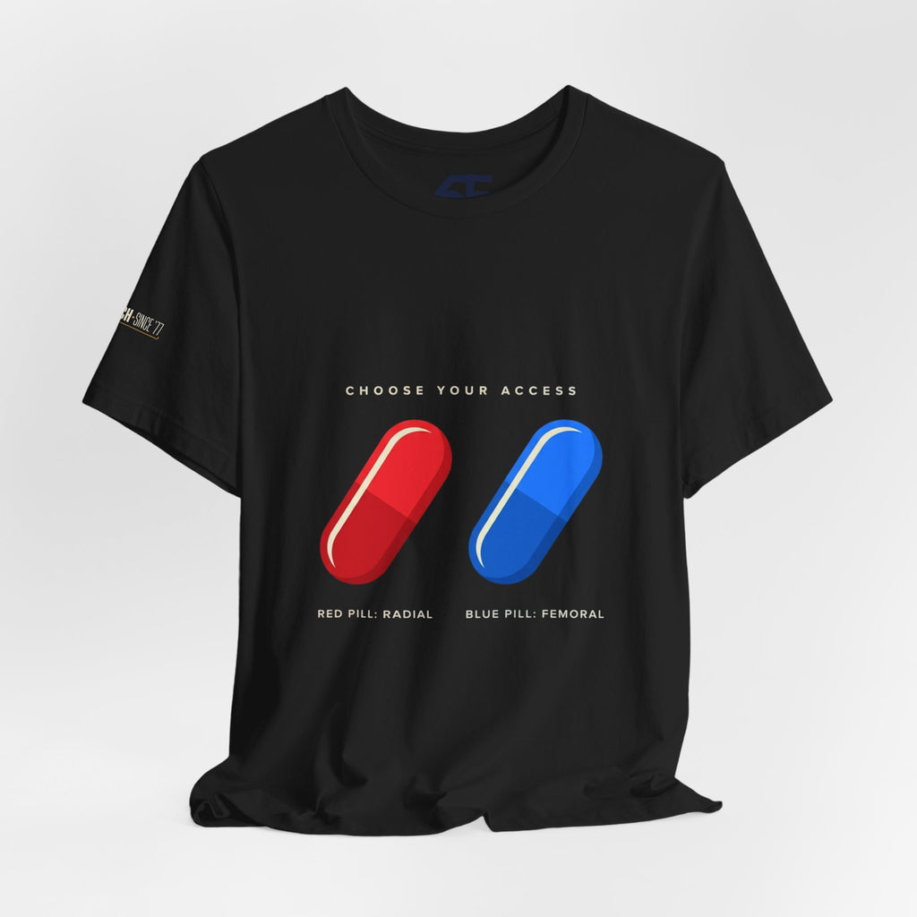Pill Pair Graphic Tee — Red & Blue Capsule Minimalist T‑Shirt