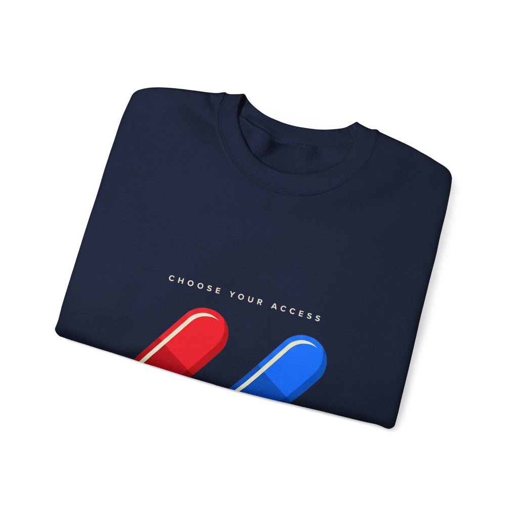 Capsule Choice Crewneck Sweatshirt — Red & Blue Pill Minimalist Graphic