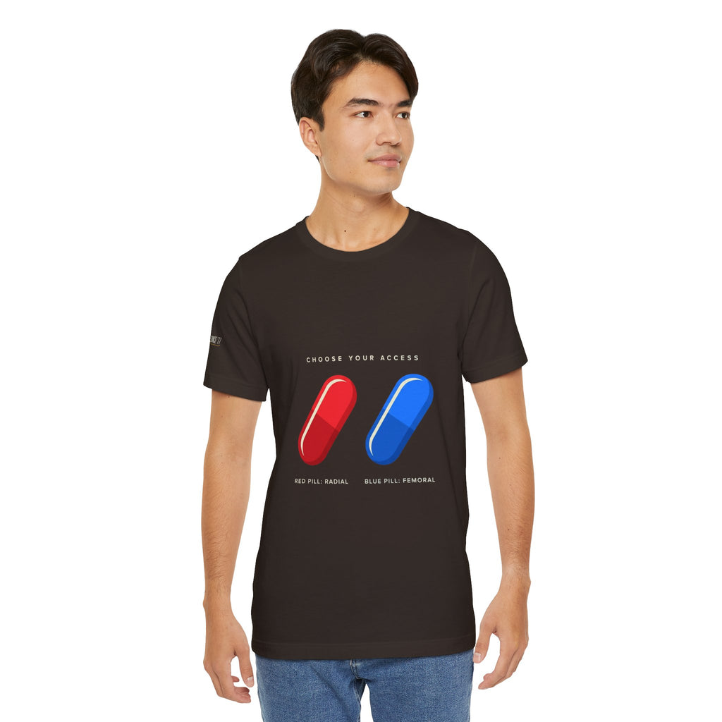 Pill Pair Graphic Tee — Red & Blue Capsule Minimalist T‑Shirt
