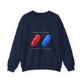 Capsule Choice Crewneck Sweatshirt — Red & Blue Pill Minimalist Graphic