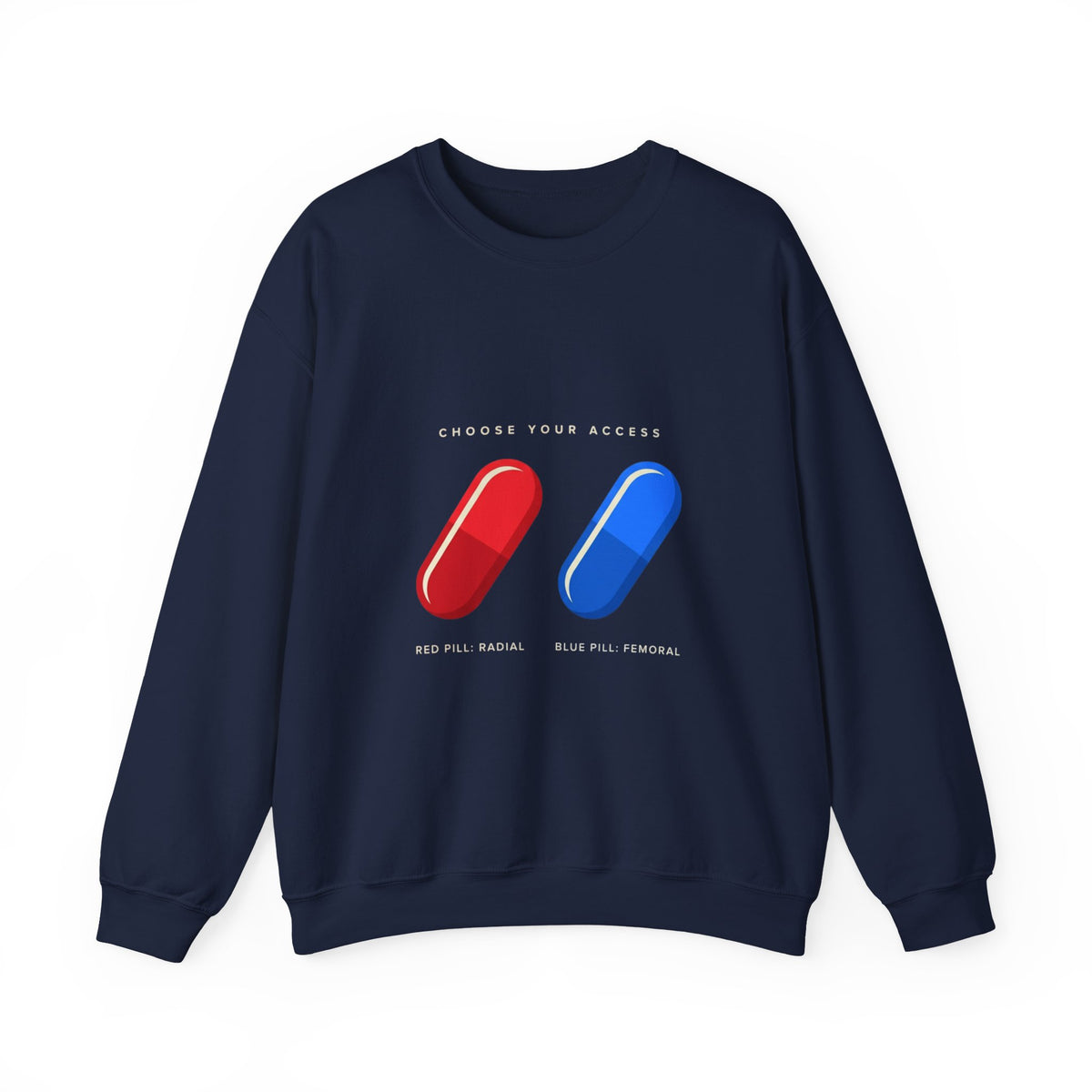Capsule Choice Crewneck Sweatshirt — Red & Blue Pill Minimalist Graphic