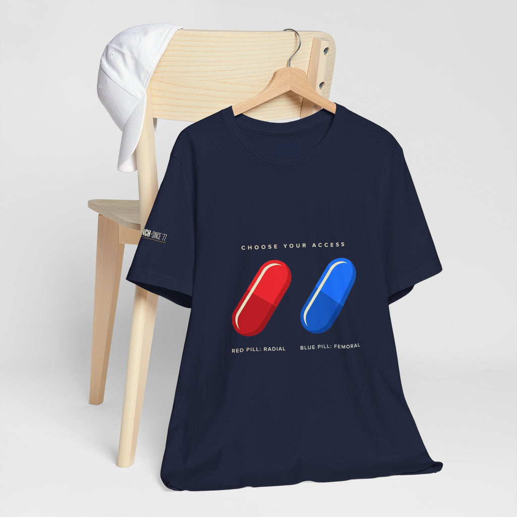 Pill Pair Graphic Tee — Red & Blue Capsule Minimalist T‑Shirt