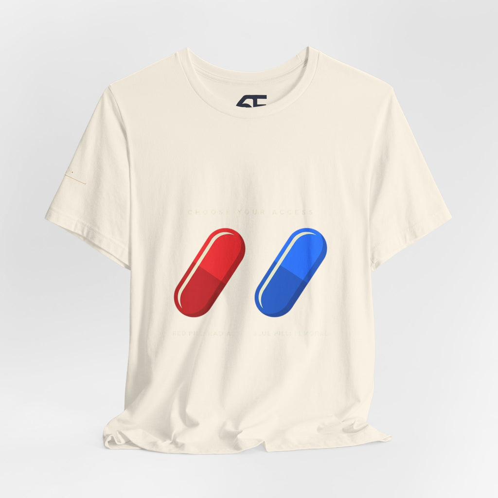 Pill Pair Graphic Tee — Red & Blue Capsule Minimalist T‑Shirt