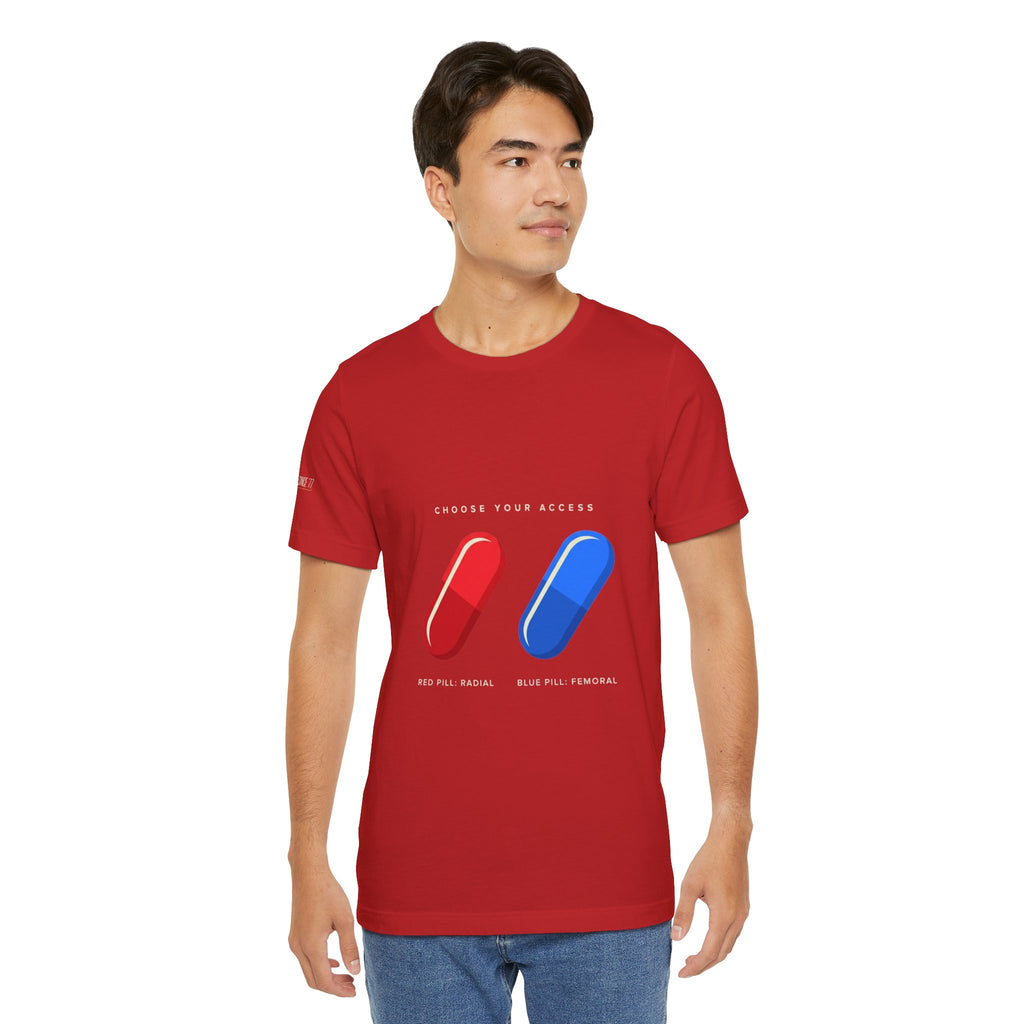 Pill Pair Graphic Tee — Red & Blue Capsule Minimalist T‑Shirt
