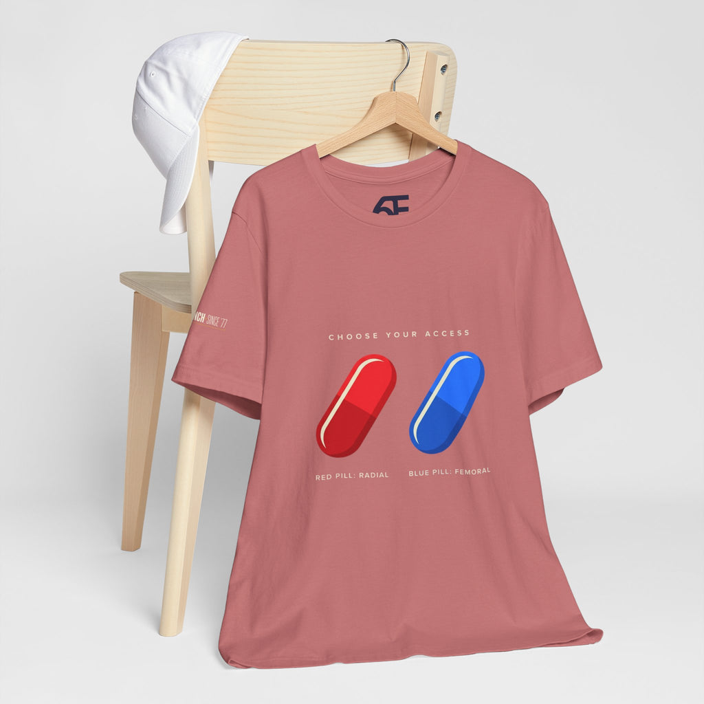 Pill Pair Graphic Tee — Red & Blue Capsule Minimalist T‑Shirt