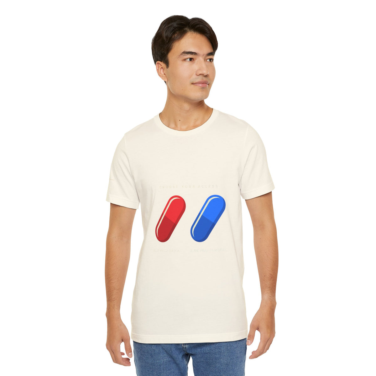 Pill Pair Graphic Tee — Red & Blue Capsule Minimalist T‑Shirt
