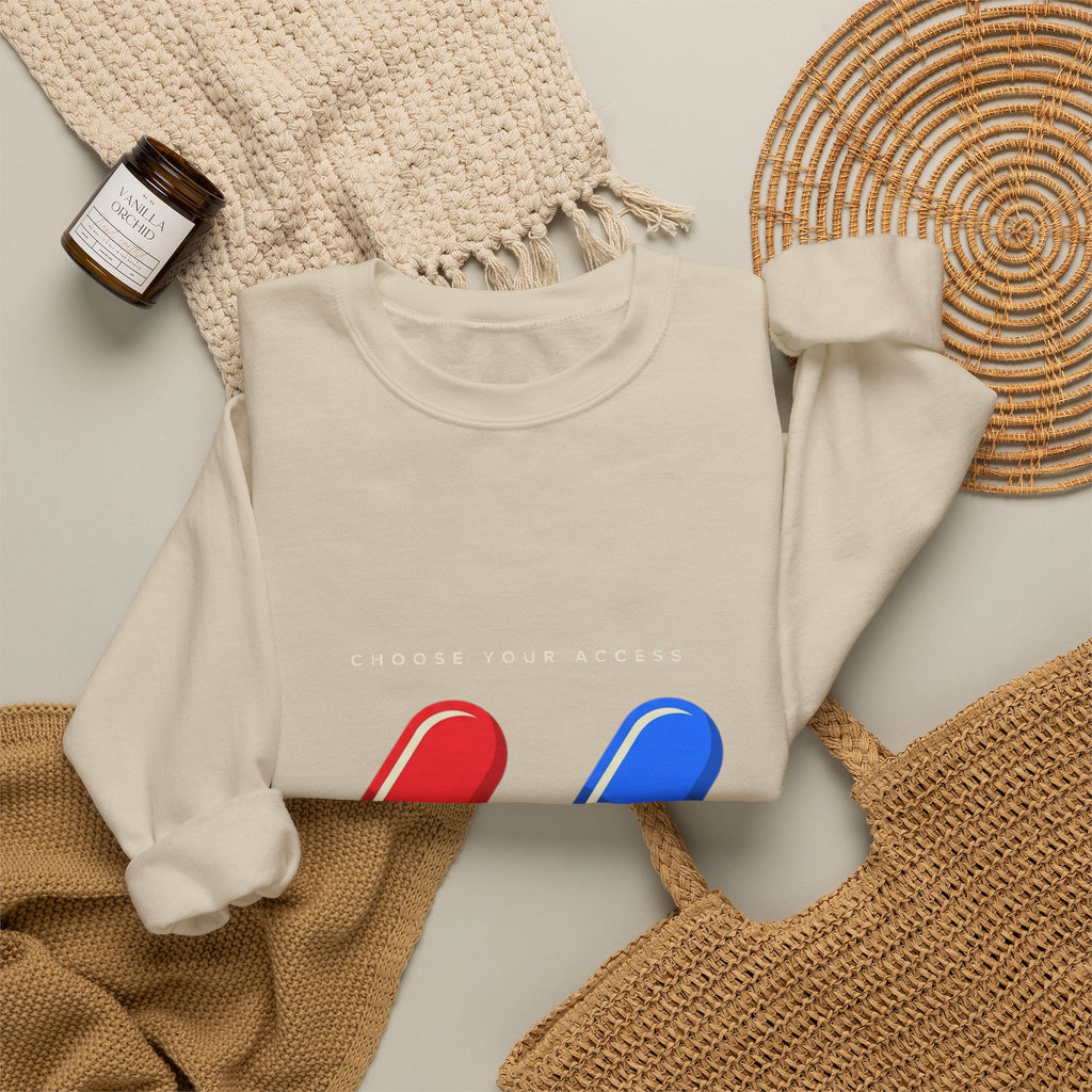 Capsule Choice Crewneck Sweatshirt — Red & Blue Pill Minimalist Graphic