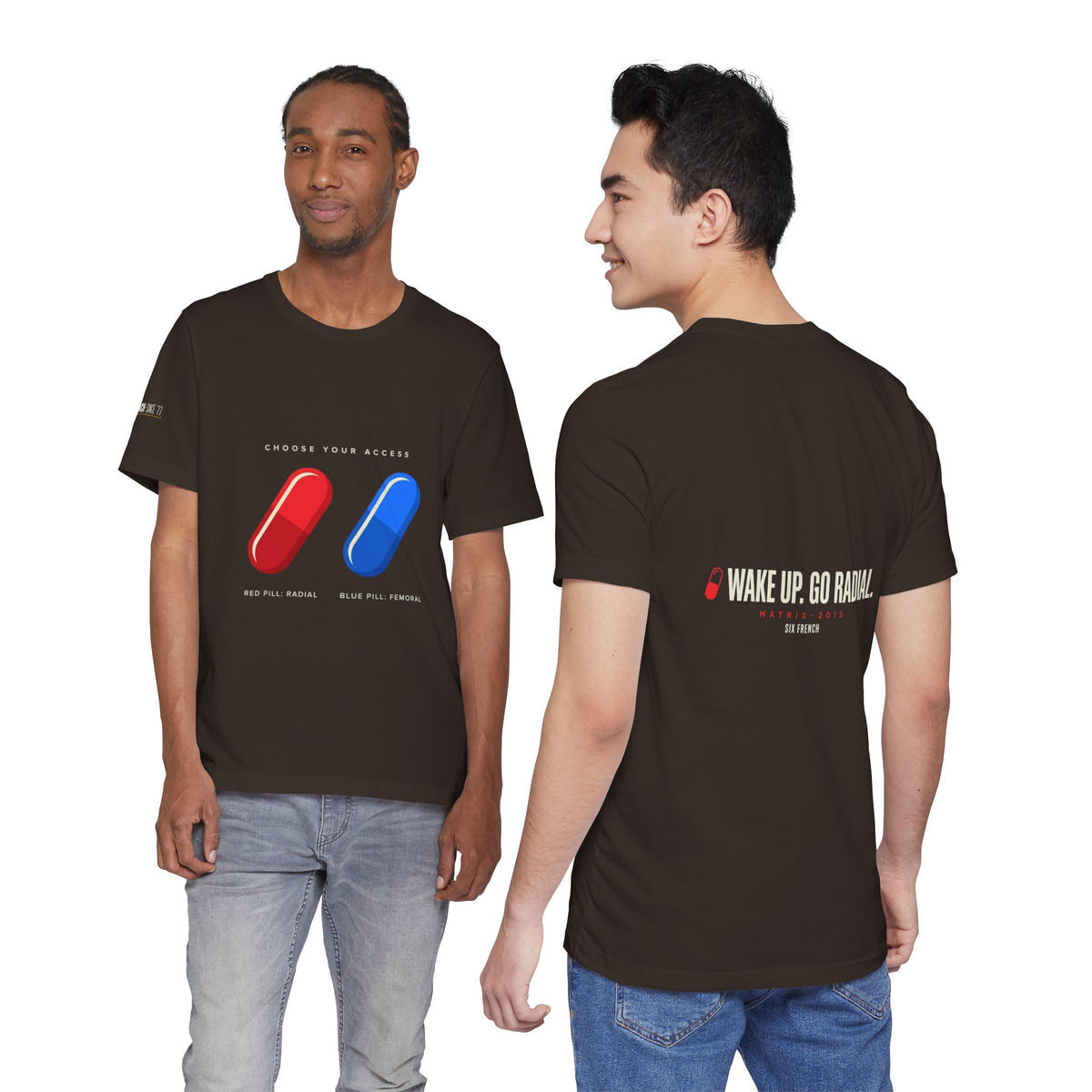 Pill Pair Graphic Tee — Red & Blue Capsule Minimalist T‑Shirt