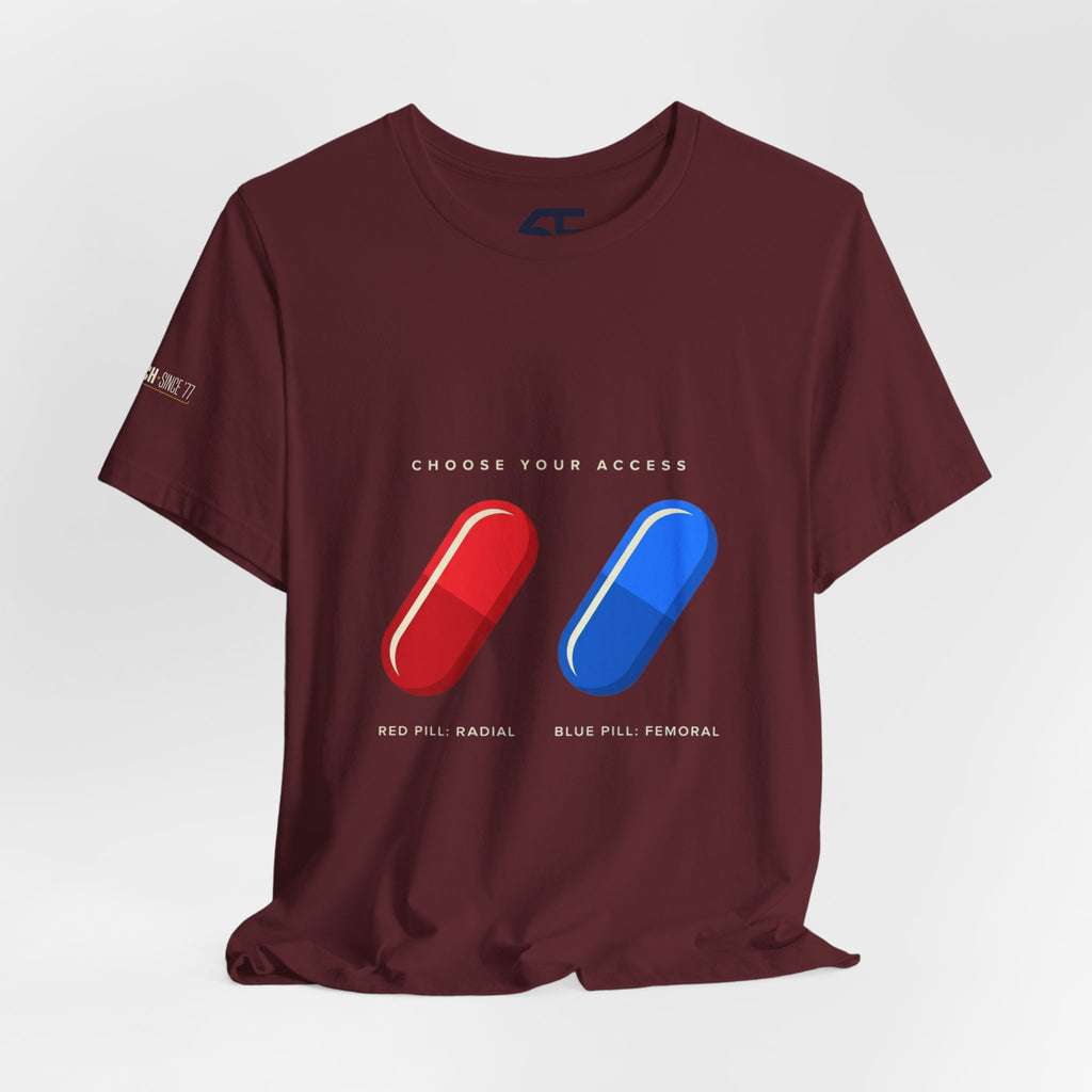Pill Pair Graphic Tee — Red & Blue Capsule Minimalist T‑Shirt