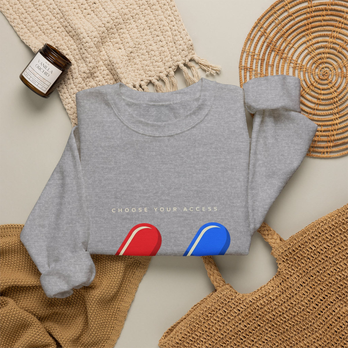 Capsule Choice Crewneck Sweatshirt — Red & Blue Pill Minimalist Graphic