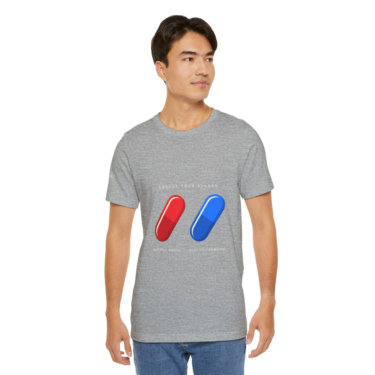 Pill Pair Graphic Tee — Red & Blue Capsule Minimalist T‑Shirt