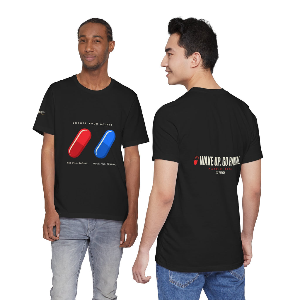 Pill Pair Graphic Tee — Red & Blue Capsule Minimalist T‑Shirt