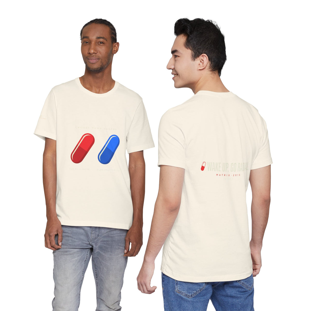 Pill Pair Graphic Tee — Red & Blue Capsule Minimalist T‑Shirt