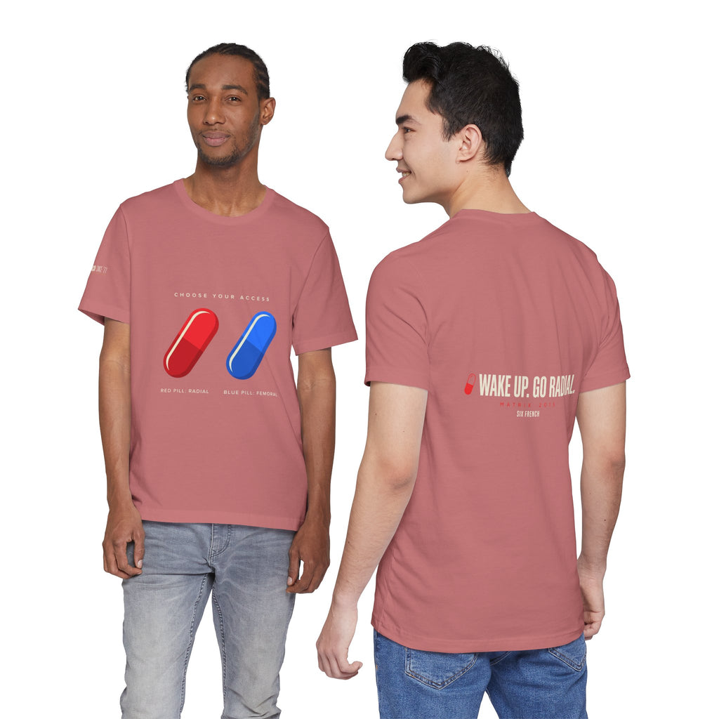 Pill Pair Graphic Tee — Red & Blue Capsule Minimalist T‑Shirt