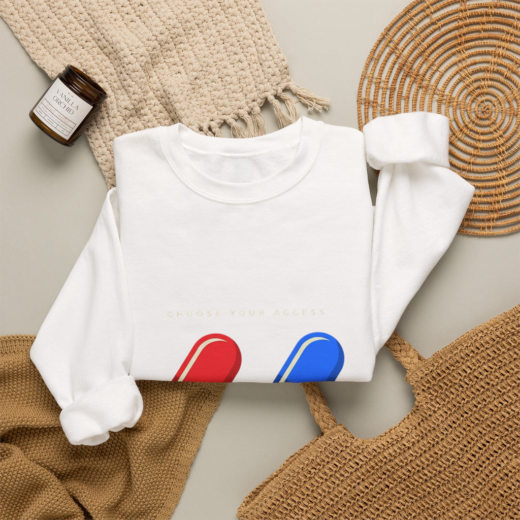 Capsule Choice Crewneck Sweatshirt — Red & Blue Pill Minimalist Graphic