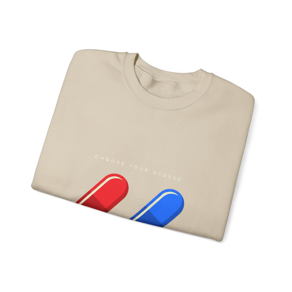 Capsule Choice Crewneck Sweatshirt — Red & Blue Pill Minimalist Graphic
