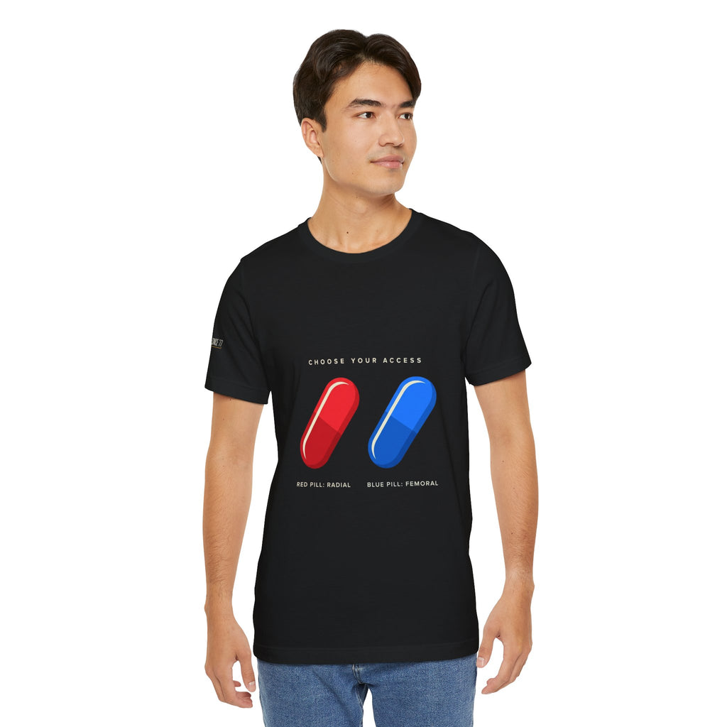Pill Pair Graphic Tee — Red & Blue Capsule Minimalist T‑Shirt