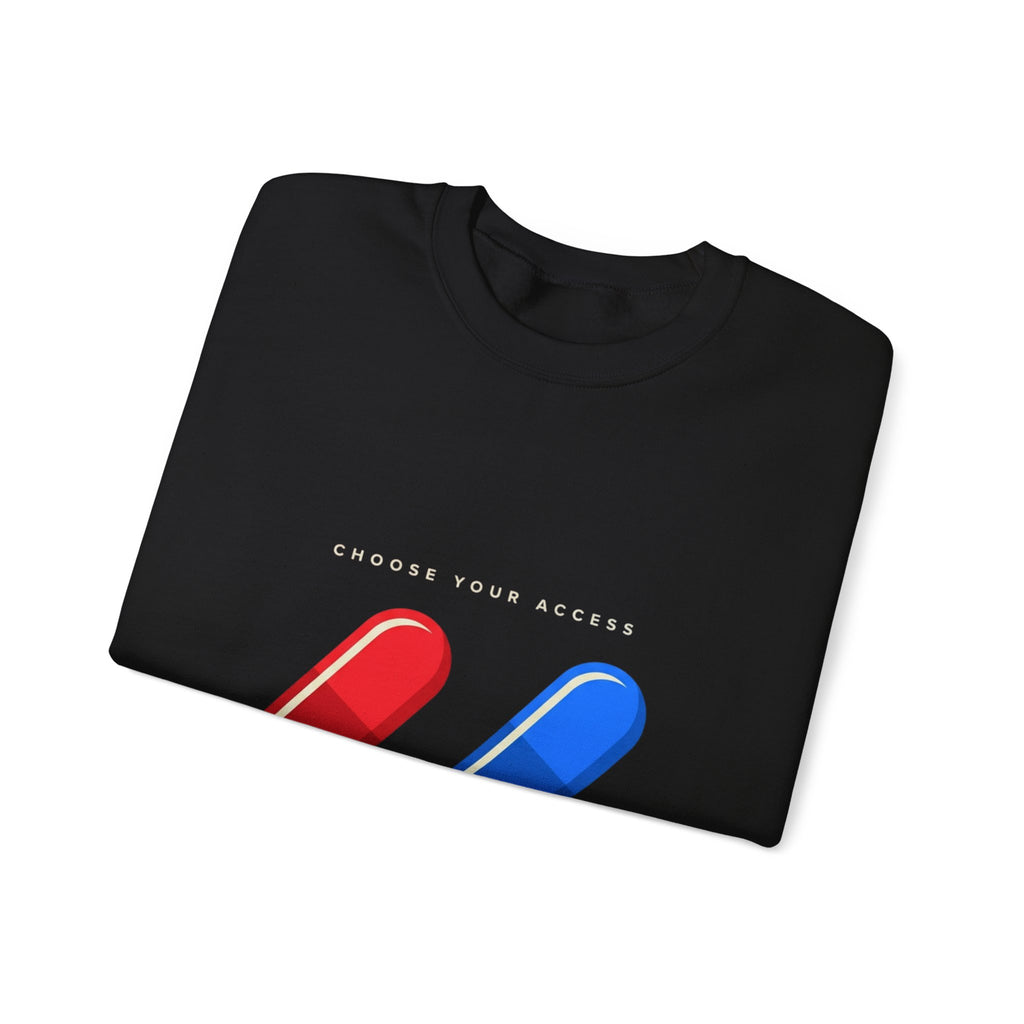 Capsule Choice Crewneck Sweatshirt — Red & Blue Pill Minimalist Graphic