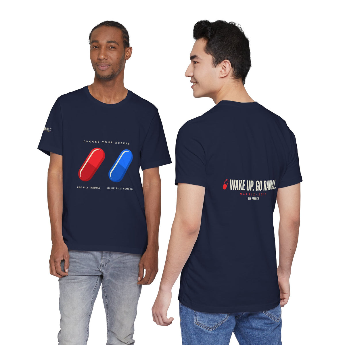 Pill Pair Graphic Tee — Red & Blue Capsule Minimalist T‑Shirt