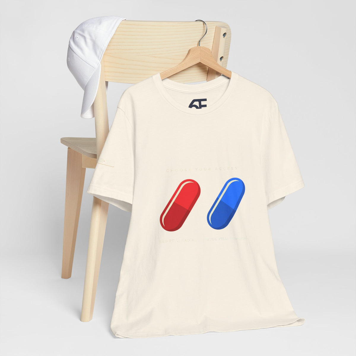 Pill Pair Graphic Tee — Red & Blue Capsule Minimalist T‑Shirt