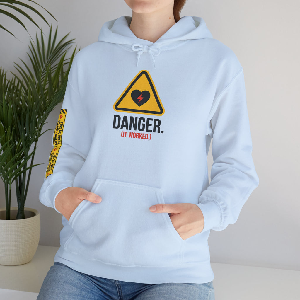 Hoodie — “Danger (Got Shocked)” Medical Humor Pullover