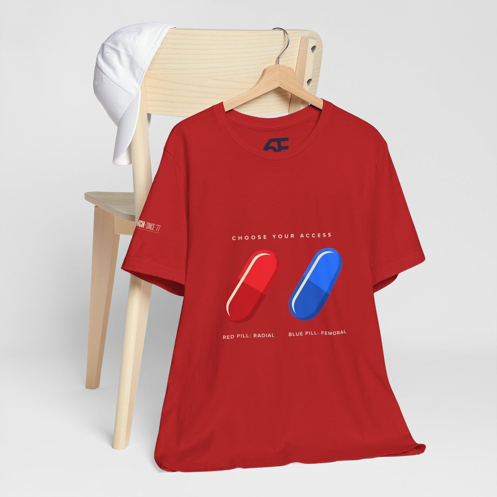 Pill Pair Graphic Tee — Red & Blue Capsule Minimalist T‑Shirt