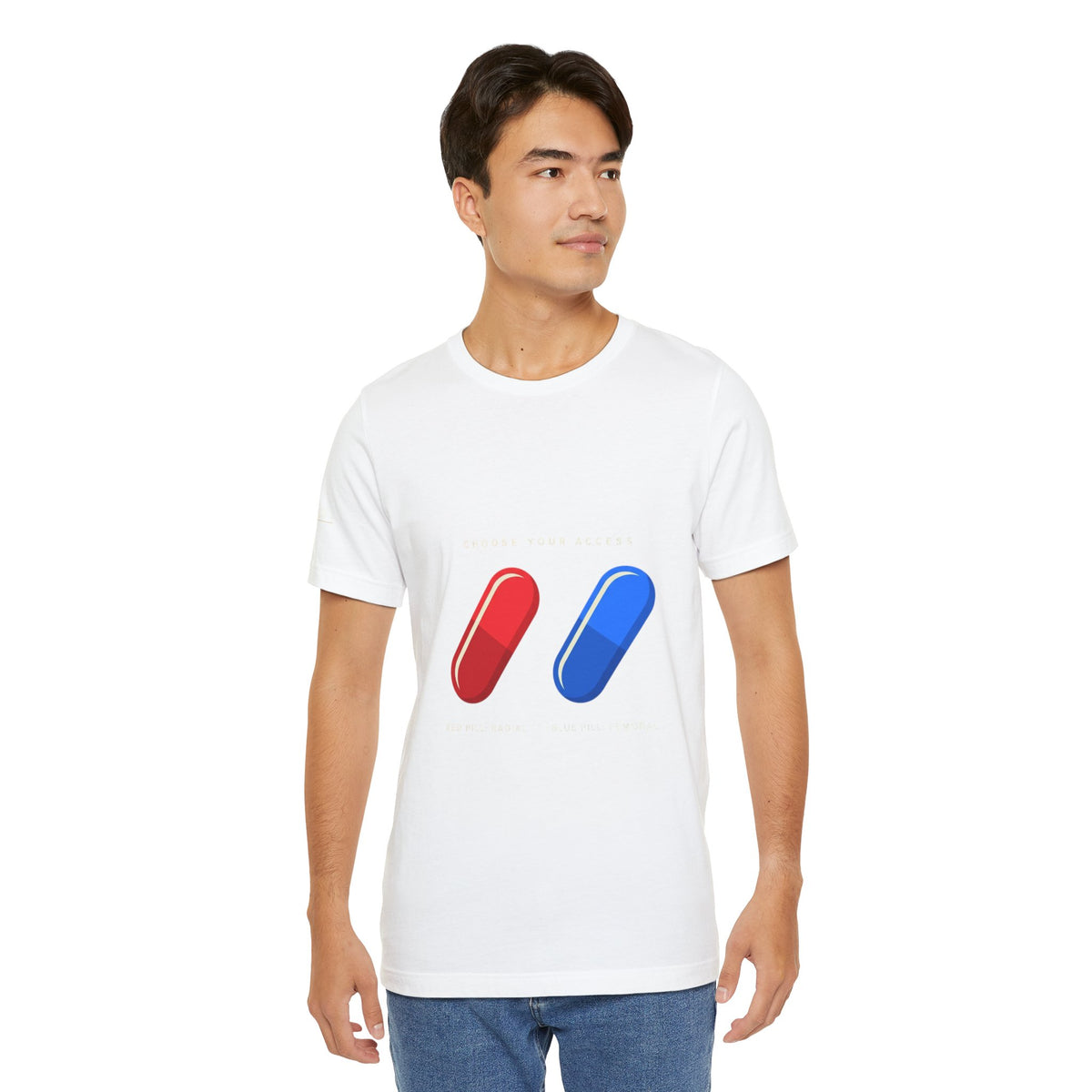 Pill Pair Graphic Tee — Red & Blue Capsule Minimalist T‑Shirt