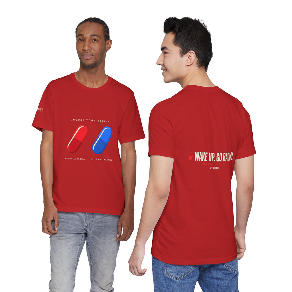 Pill Pair Graphic Tee — Red & Blue Capsule Minimalist T‑Shirt