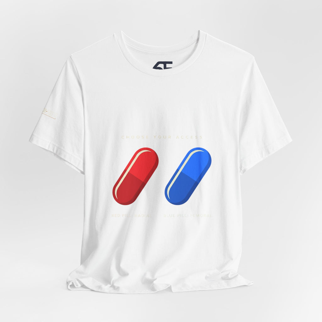 Pill Pair Graphic Tee — Red & Blue Capsule Minimalist T‑Shirt