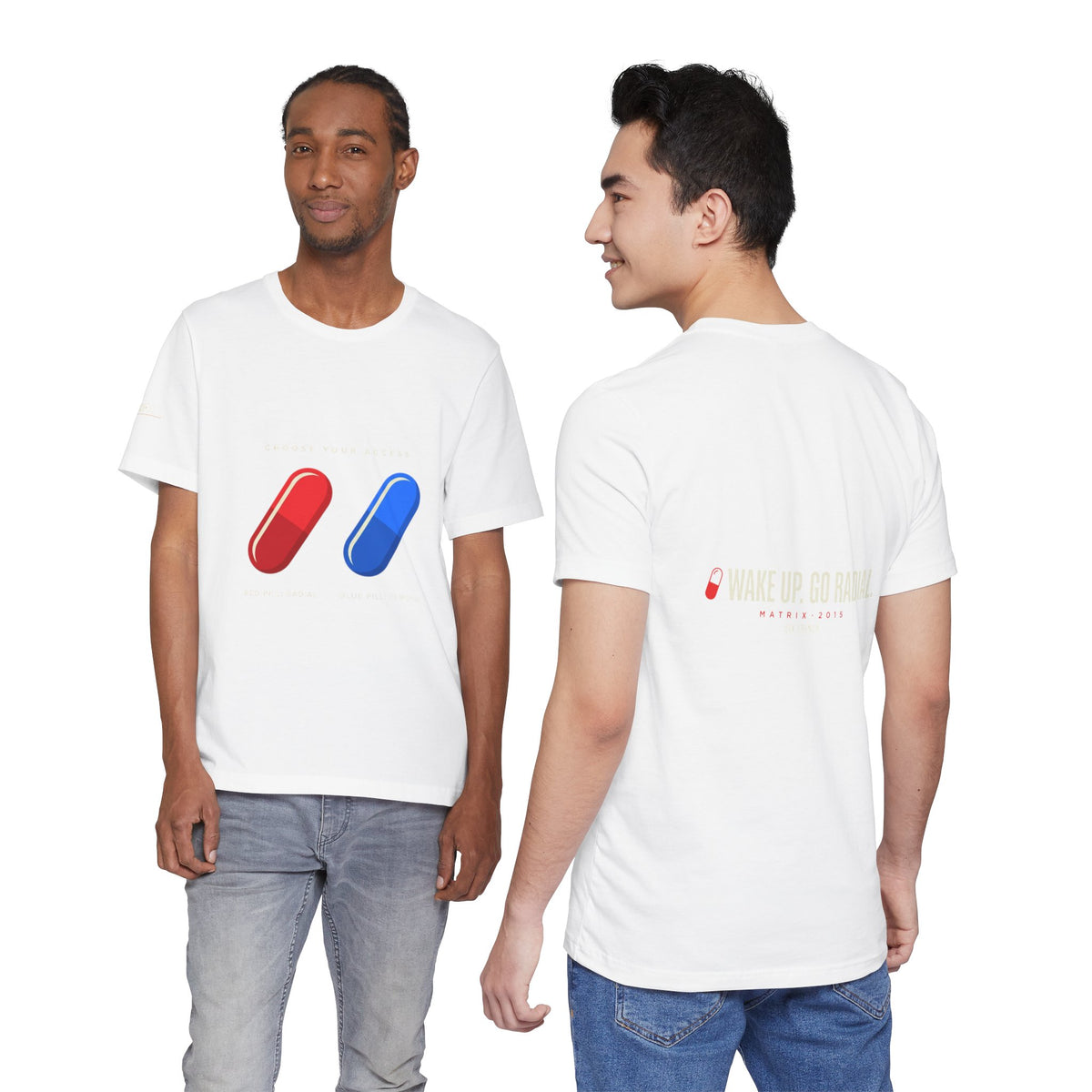 Pill Pair Graphic Tee — Red & Blue Capsule Minimalist T‑Shirt